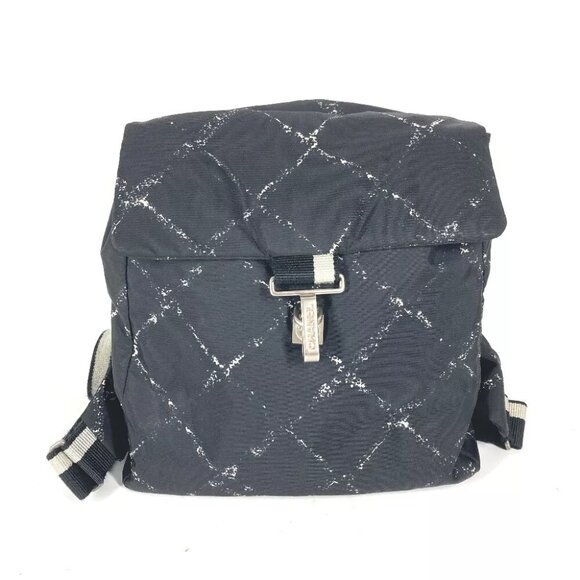 CHANEL Old travel line backpack bag Backpack Nylon Black/White - Picture 1 of 14